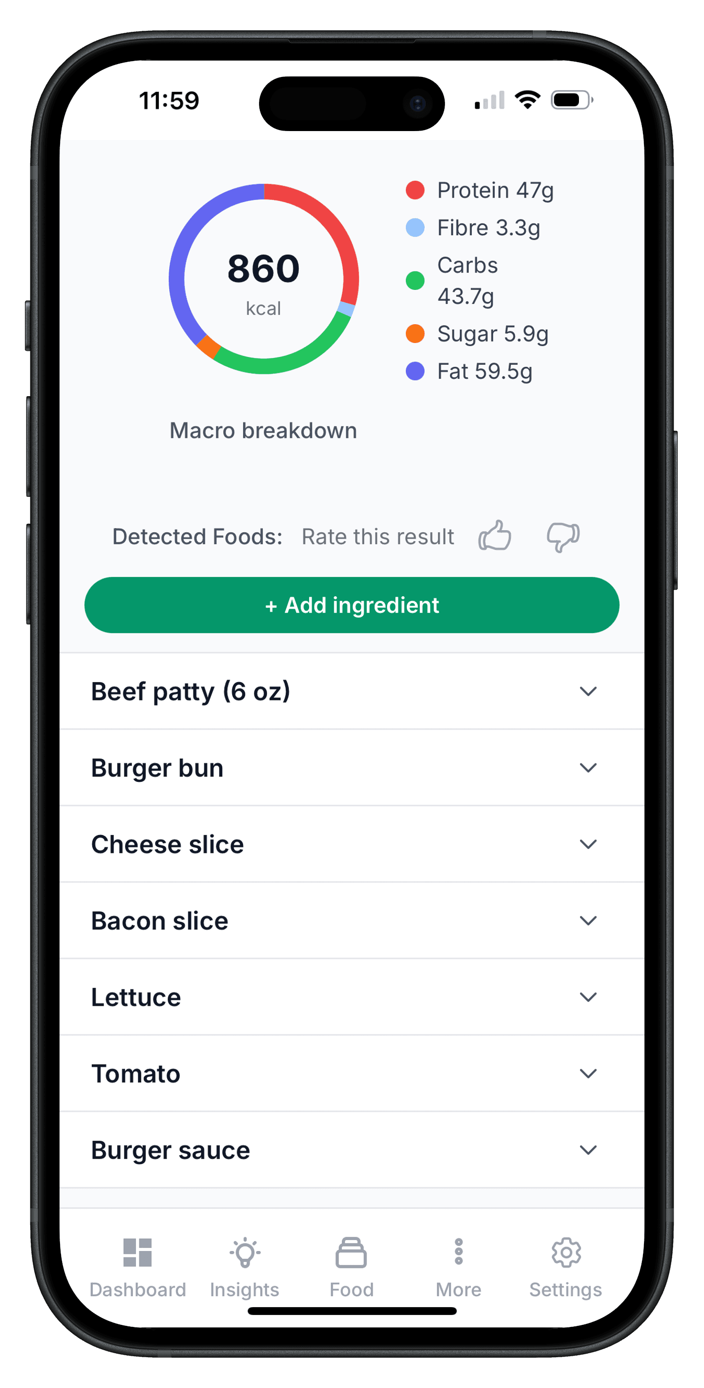 Ingredient cards in the food diary